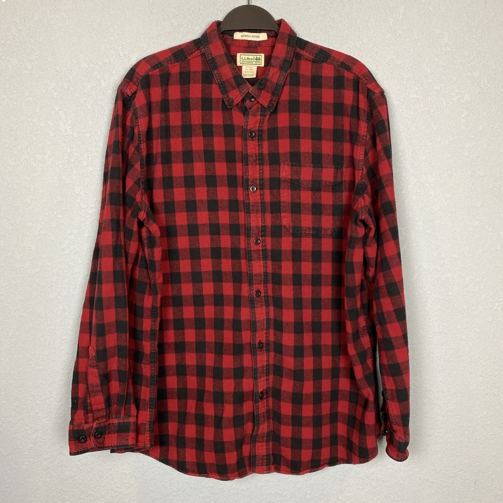 Vintage LL Bean Mens XL Red Black Buffalo Plaid Wool Flannel Shirt‎ Slightly Fit